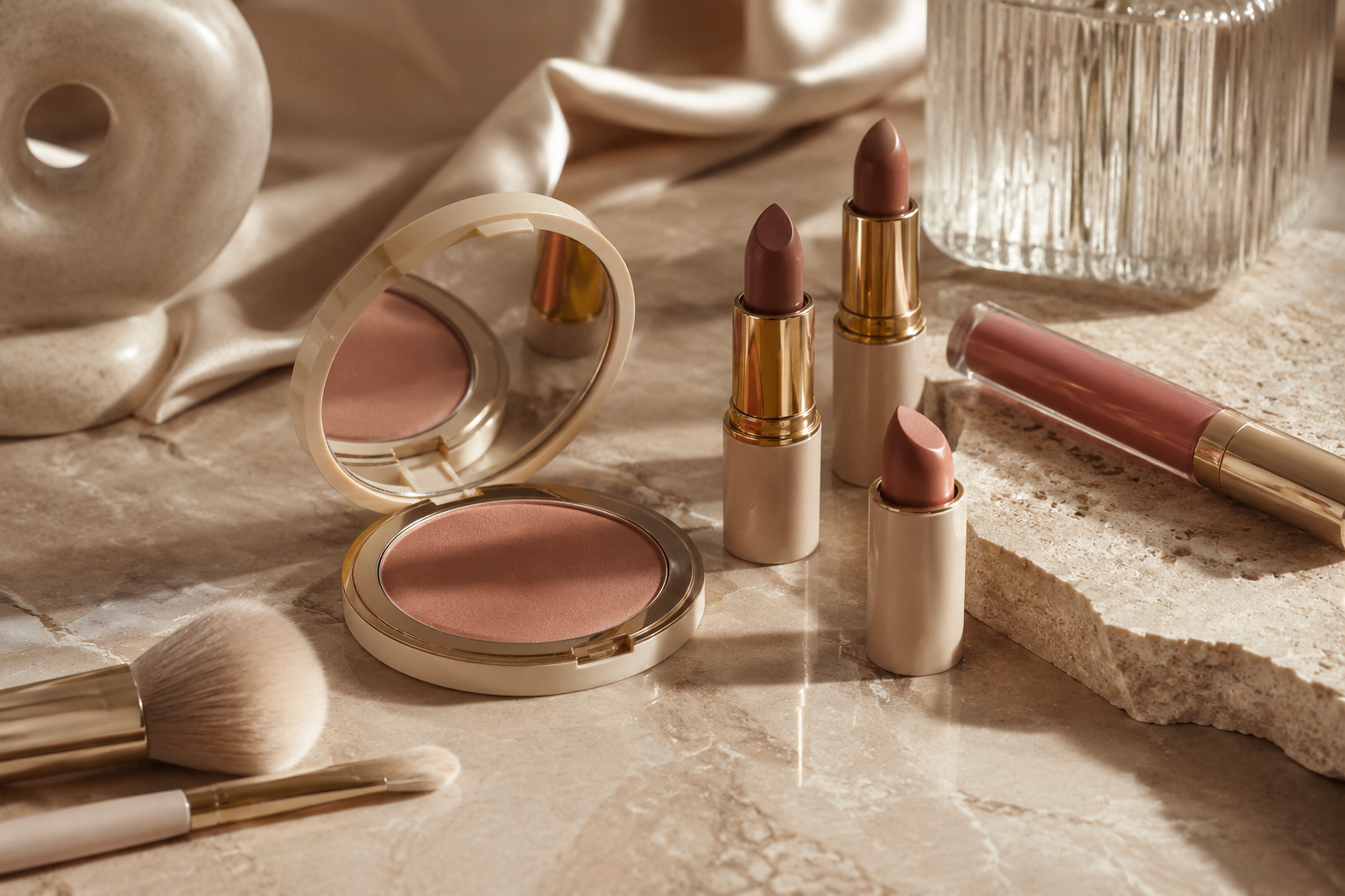 Open blush compact with lipstick bullets and makeup brush on marble surface