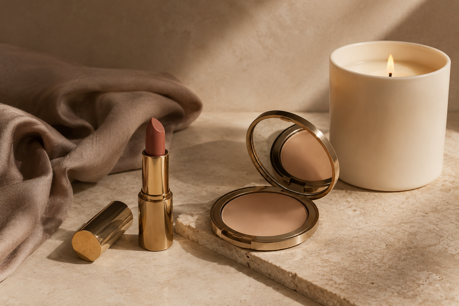 Gold lipstick and pressed powder compact with glowing candle on warm stone surface