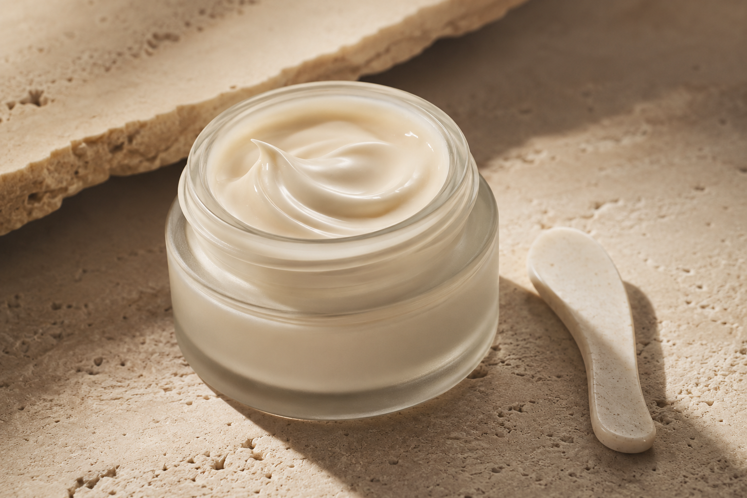 Open glass jar of rich eye cream with stone spatula on travertine surface