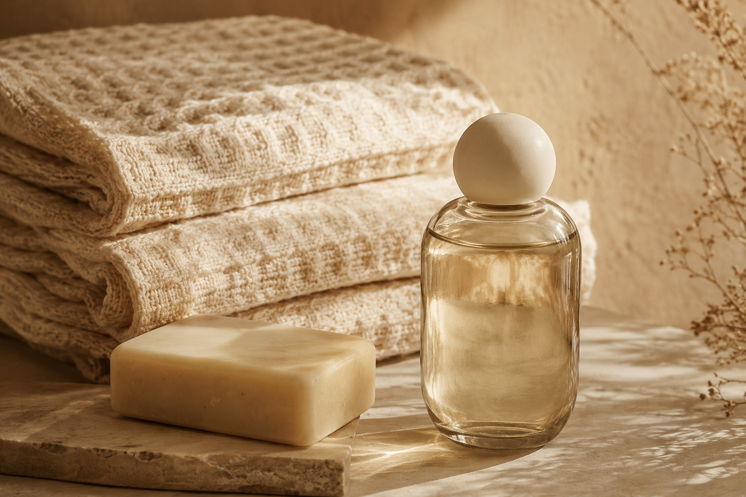 Minimalist glass cleanser bottle with bar soap and folded waffle towels on warm stone