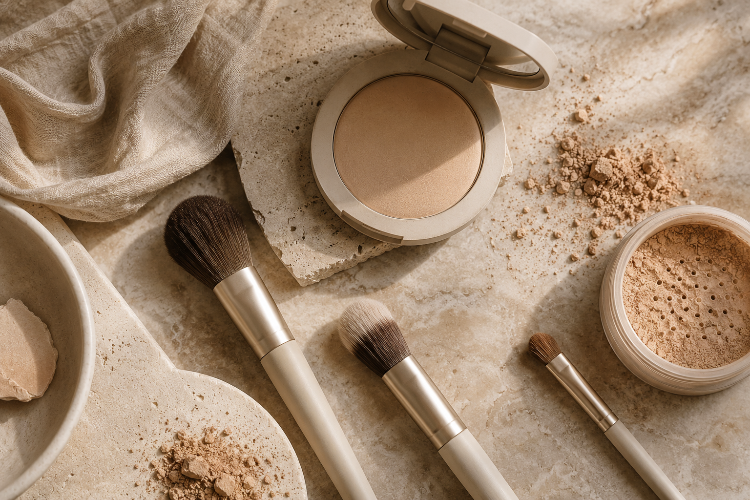 Pressed powder compact with loose foundation powder and makeup brushes on warm stone