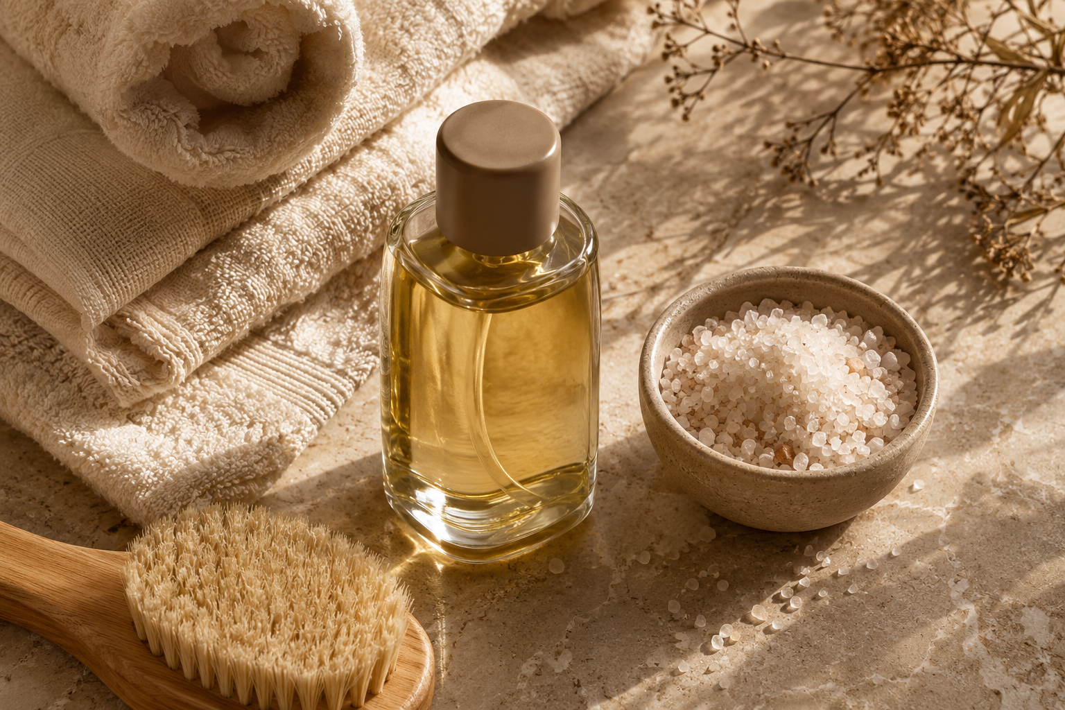 Best hair oils editorial flat lay — golden oil bottle with bath brush and sea salt bowl