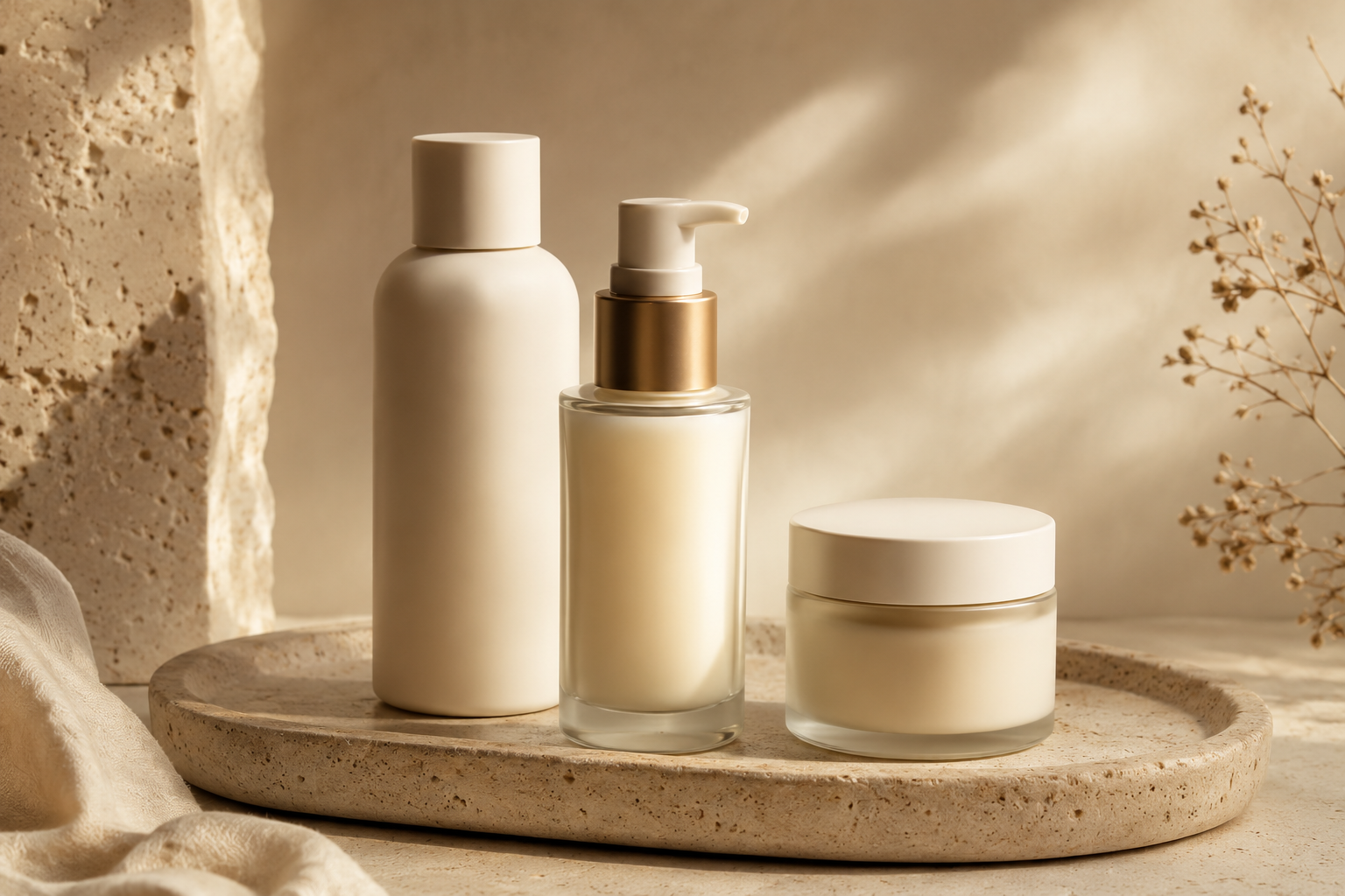 Three minimalist skincare bottles arranged on stone tray with dried botanicals