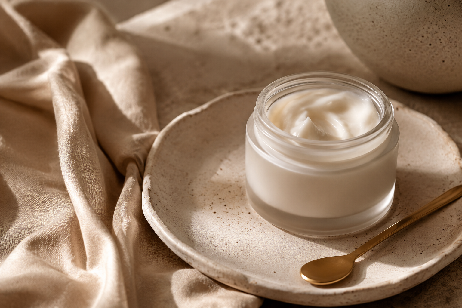 Best face primers editorial flat lay — white cream jar with gold spoon on ceramic plate