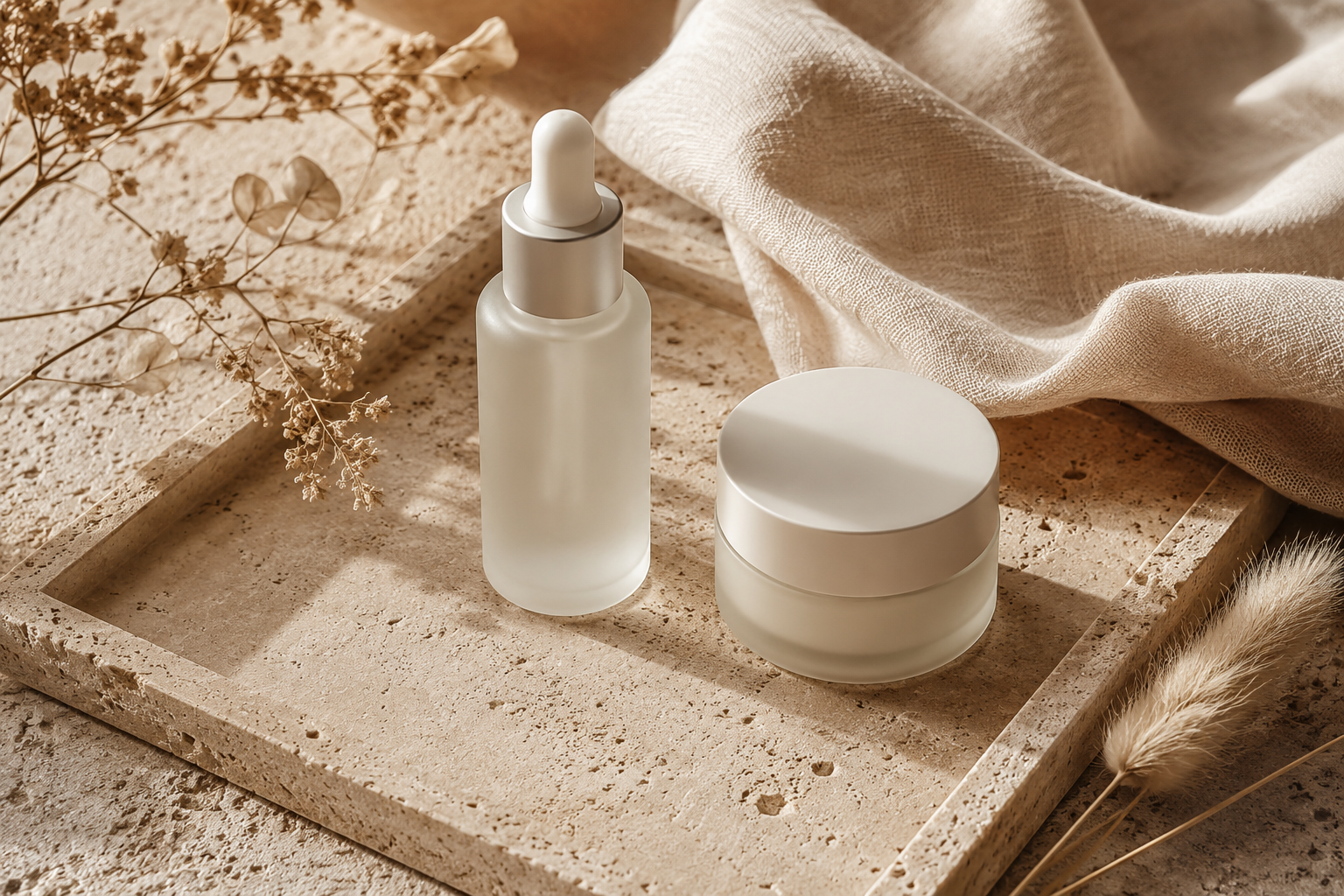 Minimalist serum dropper and cream jar on stone tray with dried botanicals