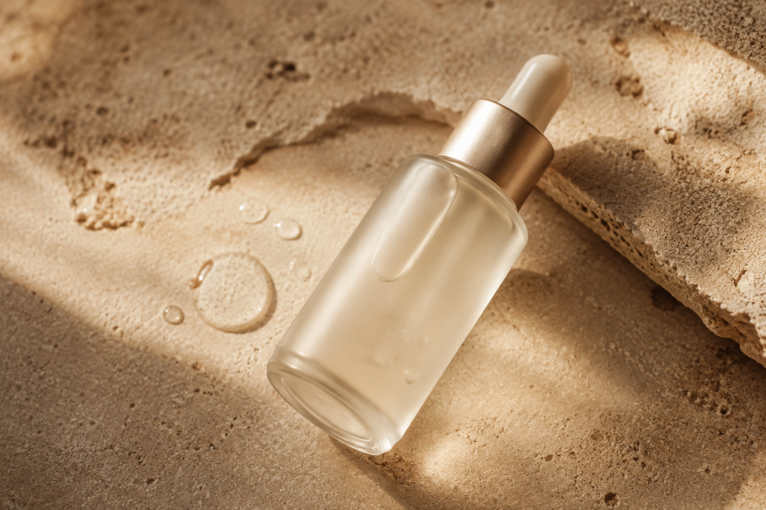 Vitamin C serum with glass dropper on warm sandy editorial surface